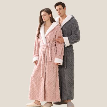 Women's Fully Managed Cross Border Extended Hooded Jacquard Flannel Nightgown Female Thick Warm Couple Pajamas Bathrobe_voghion.com