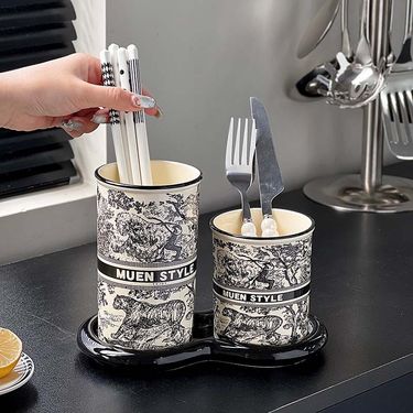 Modern Ceramic Chopstick Holder With Tiger Pattern – Stylish Drainable Kitchen Organizer, Multi-Purpose Storage For Utensils (Housewarming Gift)_voghion.com