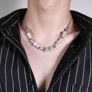 Titanium steel necklace, men's pearl necklace, trendy skeleton, dice head, hip-hop, stainless steel necklace, couple accessories_ipsvogv.com