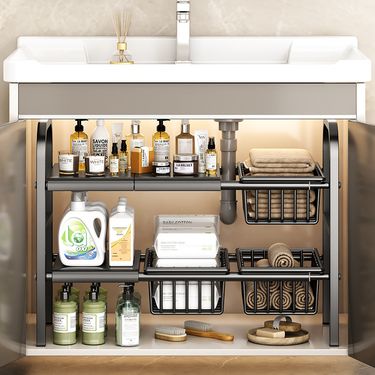 Carbon Steel Hot-Selling Telescopic Sink Rack Cabinet Layered Organizer Wash Basin Kitchen Storage Dropshipping_voghion.com