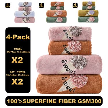 4-Piece Embroidered Coral Fleece Towel Set - Ultra Soft & Super Absorbent Bath & Hand Towels For Home & Spa Use_voghion.com