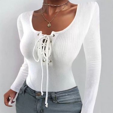 Women's Clothing White U neck Low cut Strap Long sleeved Jumpsuit_voghion.com