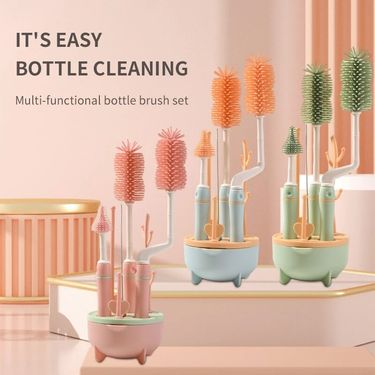 4PCS Baby Bottle Brush Set Multi-Functional Bottle Cleaning And Storage Set 360° No Dead Angle Cleaning Set With Base Drain Rack_voghion.com