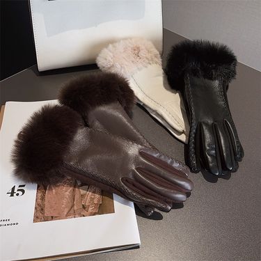 PU leather splicing suede gloves women's winter velvet thickened small fragrant style fashion warm gloves_voghion.com