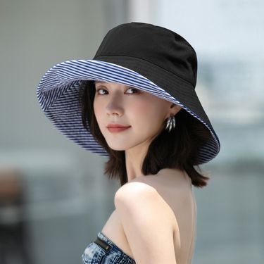 Hot Sale Women Striped Double-side Wear Bucket Hat Wide Brim Fordable Sun Protection Panama Caps For Girls Outdoor Beach Tour_voghion.com