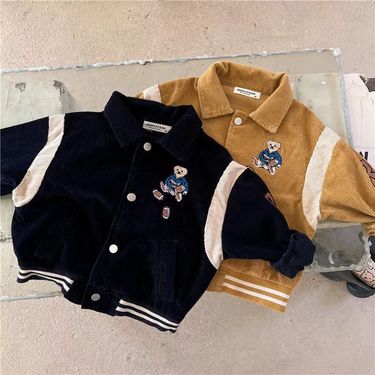 Boys' Baseball Jacket 2024 Spring And Autumn Corduroy Square Neck Top Small And Medium Children's Baby Stylish Contrast Color Jacket_voghion.com