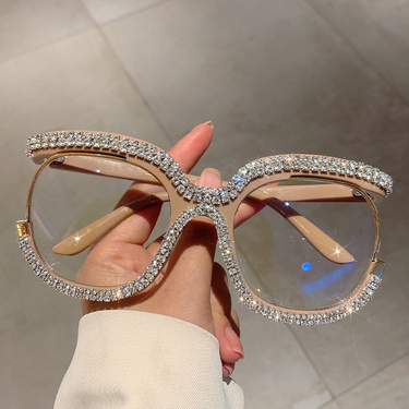 Trendy Owl Large Non-Prescription Fashionable Personality Double Row Diamond-Encrusted Frame Glasses_voghion.com