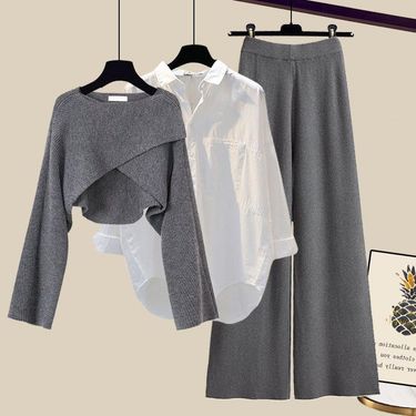 Women’s Clothing Fashion autumn suit women sweater women new large size women's shirt wide leg pants three piece knitted slim_voghion.com