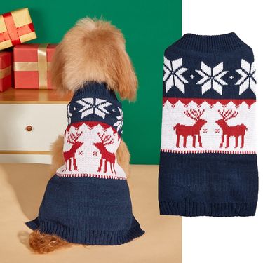 Christmas atmosphere knitted crewneck navy blue snowflake red deer teddy fight pet sweater_voghion.com