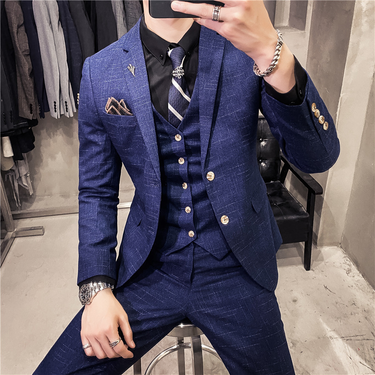 Men's style slim-fit dark pattern men's two-button suit three-piece suit spring and autumn style gentleman men's suit vest pants_voghion.com