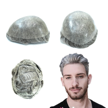 Durable Skin Knotted Toupee For Men Human Hair Replacement System 0.12-0.14mm PU Base Hair Pieces Natural Hairline Wig Black With 65% Grey Color #1B65_voghion.com