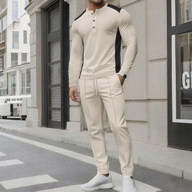 Men's Waffle-Knit Henley Shirt & Pants Set - Long Sleeve High Neck Dual-Button Casual Outfit For Fall (Khaki/White/Gray/Burgundy/Dark Green_voghion.com