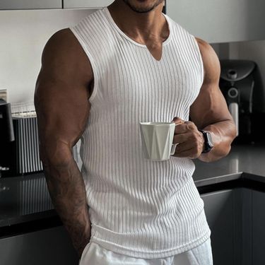 Men's Knitted Vertical Stripes Fitness Sports Casual Slim Vest Men's I-shaped V-neck Wide Shoulder Vest_voghion.com