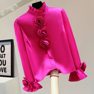 Women's Clothing Heavy flower long sleeved casual shirt spring new version loose slim solid color high collar shiny shirt_voghion.com