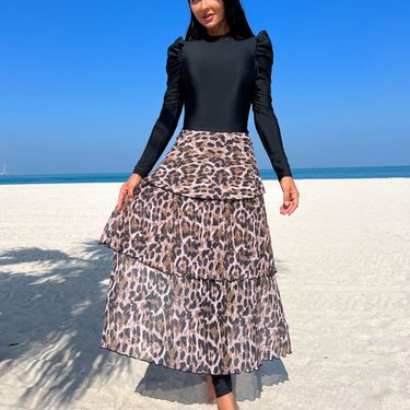 Muslim Swimsuit Summer Long Sleeve Beach Leopard Print Three Piece Swimsuit Women's Sun Protection Style Swimwear_voghion.com