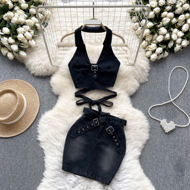 Women's Clothing hot girl style denim suit design halter neck top strap slim short skirt retro two-piece suit_voghion.com