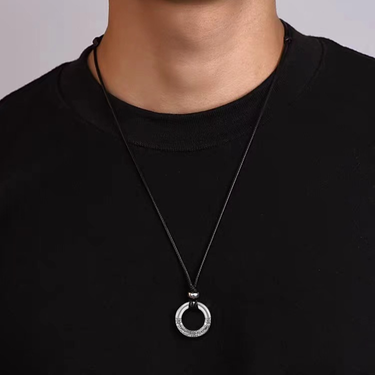 Fashion Simple Pendant Jewelry Retro Auspicious Cloud Ring Leather Rope Titanium Steel Peace Buckle Pendant Necklace Boys Sweater Chain_voghion.com