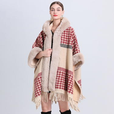 loose plaid plus velvet thick fur collar knitted shawl cape women's woolen shawl coat_viptrois.com