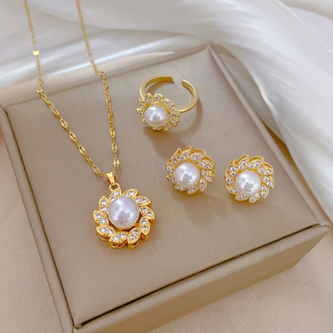 Stainless Steel Chain Micro-set Zirconia Spiral Imitation Pearl Pendant Necklace Earrings Ring Set Wedding Jewelry Designer_voghion.com