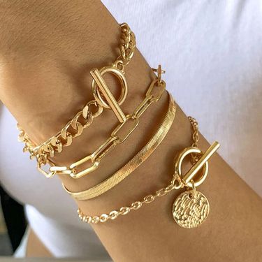 Fashionable Metallic Alloy Pendant Bracelet, Snake Chain OT Clasp, Simple And Versatile Stacking Hand Accessory Set_voghion.com