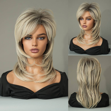 Layered wig beige gray high temperature silk chemical fiber shoulder-length wig female_voghion.com