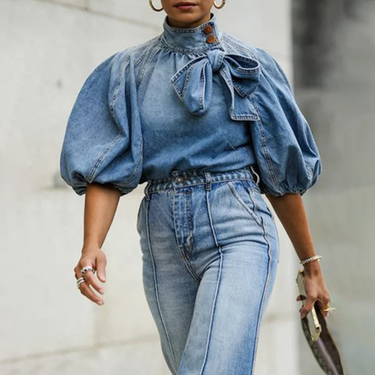 Women's Lace Up Denim Top High Button Down Blue Jacket_voghion.com