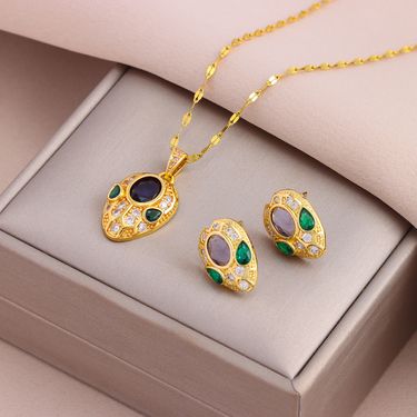 Designer Women's Green Eyes Full Zirconium Snakehead Pendant Necklace Earrings Set Vintage Luxury Accessories_voghion.com