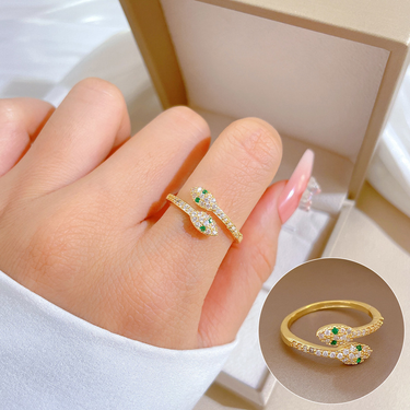 Adjustable Double Snake Ring with CZ Stone for Lady Open Stainless Steel Golden Snake Head Rings for Woman Gifts Punk Jewelry_voghion.com