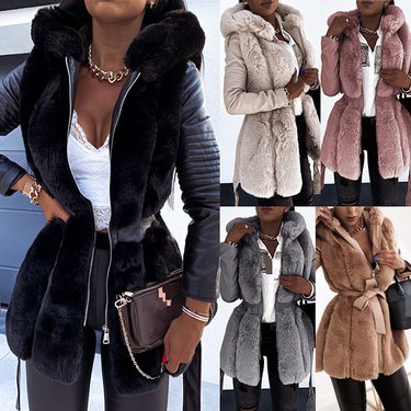 Women's Clothing Hot Selling New Fur Jacket Women Belt Hooded Solid Color Zipper Jacket Jacket Women_voghion.com