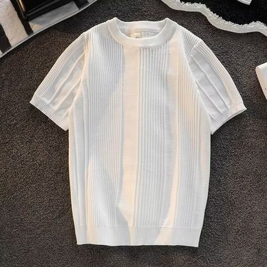 Men's Clothing short sleeved sweater for men in summer, simple and versatile design, striped half sleeved round neck knitted T shirt_mkmklike.com