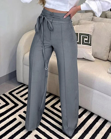 Women's clothing Gray High Waist Strap Casual Commuting Suit Pants_voghion.com