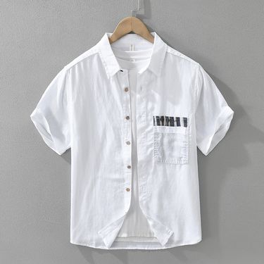 Color Blocked Linen Short Sleeved Shirt, Fashionable And Versatile, Artistic And Casual Loose Top, Men's Clothing_voghion.com