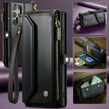Case For Samsung Samsung S25 S24 S23 Ultra Plus FE  A55 A35 A36 A56 5G PU Leather Strap Zipper Card Holder Phone Wallet  Case_voghion.com