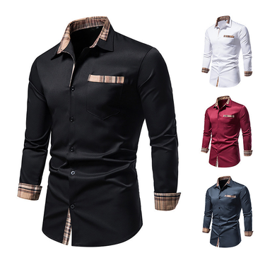 Autumn new men's color-blocked casual long-sleeved formal shirt men's slim-fit plaid collar button-down shirt_mkmklike.com
