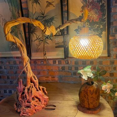 rope Pendant Dimming Knob Switch Power Root Carving Tree Branch Hanging Light Cord Bamboo Woven Lampshade_voghion.com