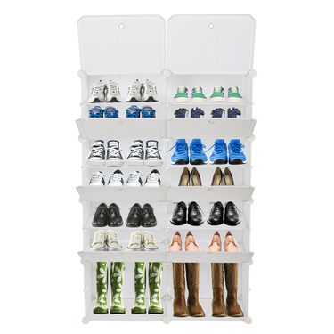 7-Tier Portable 28 Pair Shoe Rack Organizer 14 Grids Tower Shelf Storage Cabinet Stand Expandable For Heels, Boots, Slippers, White_voghion.com