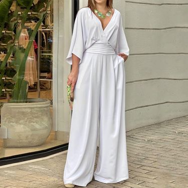 Women's 2023 temperament elegant v-neck bat sleeve wide-leg solid color simple fashion jumpsuit_viptrois.com