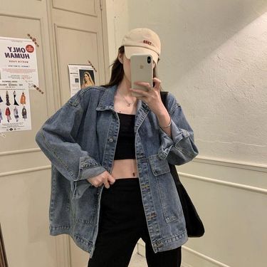 girl Denim Jacket For Female Students, Spring And Autumn Korean Style, New Loose Jacket, BF Versatile Large Pocket Mid-Length_voghion.com