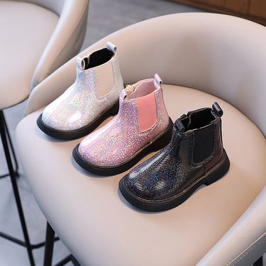 Autumn and Winter Single Flat Bottom Princess Girls' White Short Crystal Children's Martin Boots_voghion.com