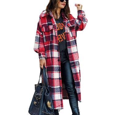 long sleeved women's trench coat with side split collar and loose fit woolen plaid shirt jacket for women_voghion.com