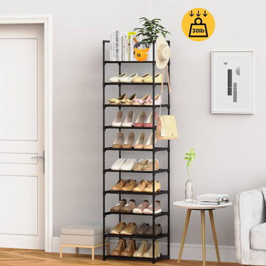 Home Furniture Single Row 10 Layer Shoe Rack Storage Rack Black Metal Stackable Shoe Cabinet With Hooks_voghion.com