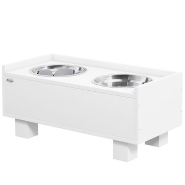 Erhöhte Fütterungsstation Mit Slow-Feeder-Matte, 2 Aluminiumschüsseln, Weiß_voghion.com