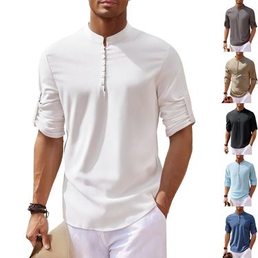Men's Solid Color Pullover Henley Shirt Cotton Stand Collar Long Sleeve Shirt_voghion.com