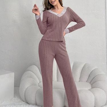 Plus Size Ribbed Knit Set For Women – V-Neck Lace Trim Lounge Suit (Breathable & Warm, S-XXXL, Casual Chic From Home To Outings)_voghion.com
