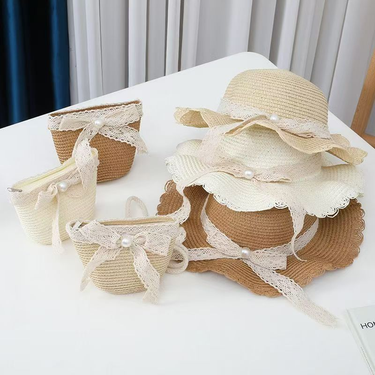 :Fashion Girls Straw Tourism Flower Children Sun Hat And Bag Set Baby Outdoor Wide Brim Bucket Hats For Kid_voghion.com