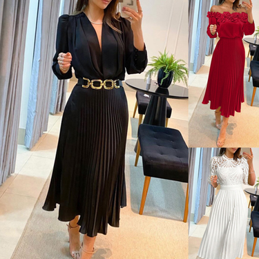 Women's Clothing Series Temperament Women's Black Satin Long Sleeve Deep V Waist Pleated Dress No Belt_voghion.com