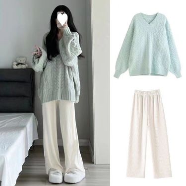 Autumn and winter gentle tea dressing temperament French socialite small fragrance style knitted cardigan wide leg pants_voghion.com
