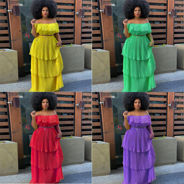 Women's yellow chiffon one-shoulder backless slim-fit beach holiday pleated long skirt dress_voghion.com