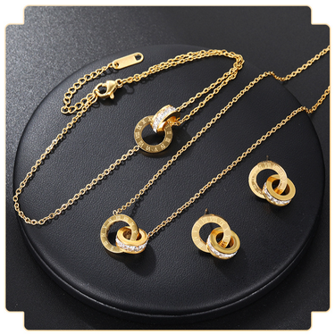 Fashion Roman Micro Dia Double Ring Bracelet Simple Light Niche Design Clavicle Chain Earrings Set_voghion.com