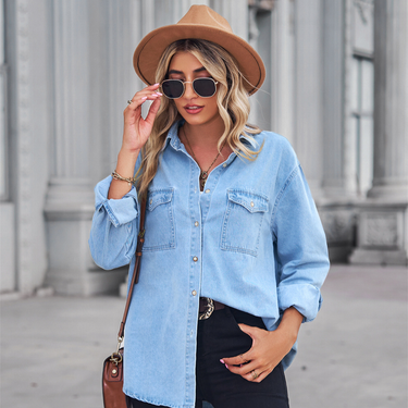 new light-colored slim denim long sleeve shirt for women_voghion.com